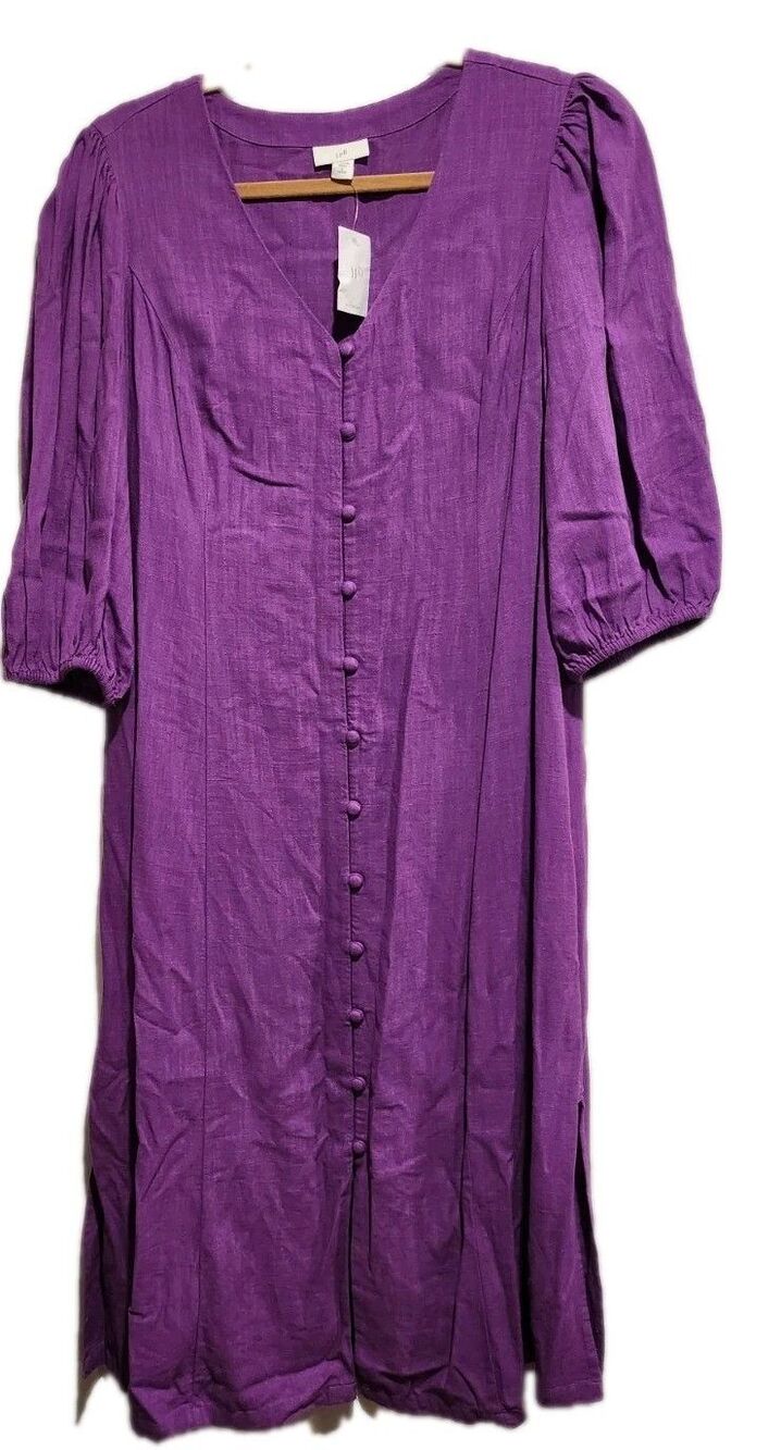 J. Jill Women's Linen Blend Puff Sleeve Maxi Dress Size Petite Large Purple NWT